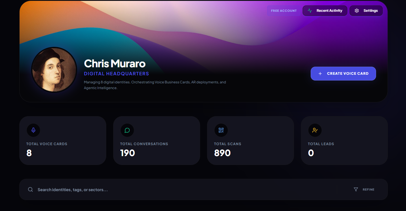 Quario &mdash; Digital Headquarters: dashboard con Voice Card, conversazioni, scansioni e lead