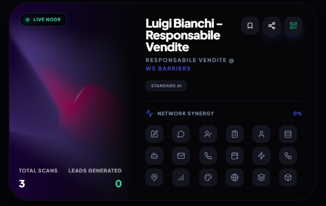 Quario &mdash; Voice Card di un nodo live: profilo verificato, network synergy e moduli operativi